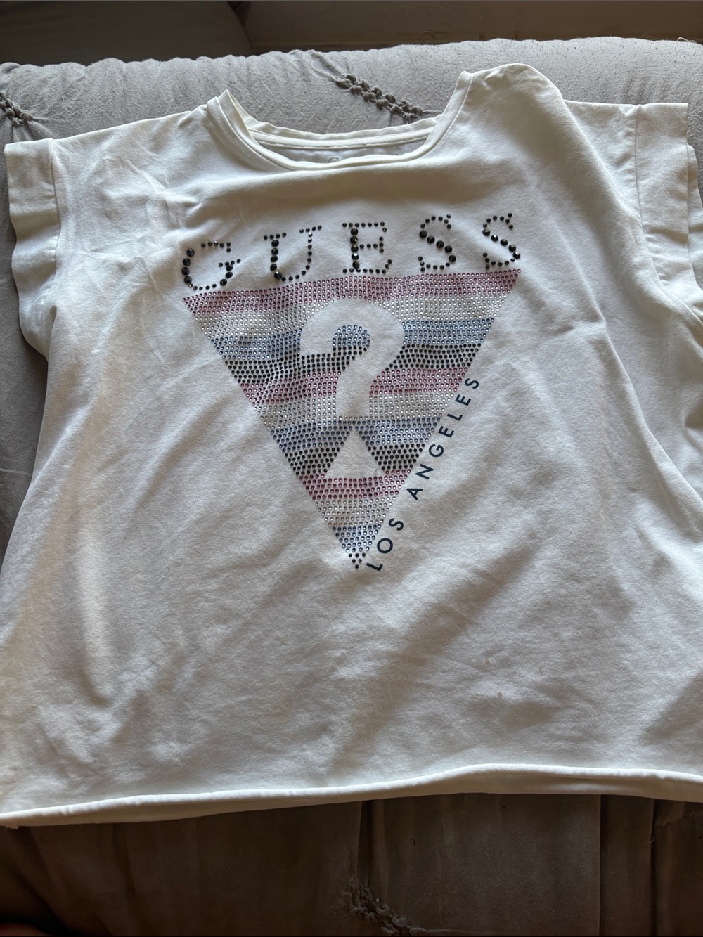 Guess White Short Sleeve Tee with Pink & Blue Triangle Logo